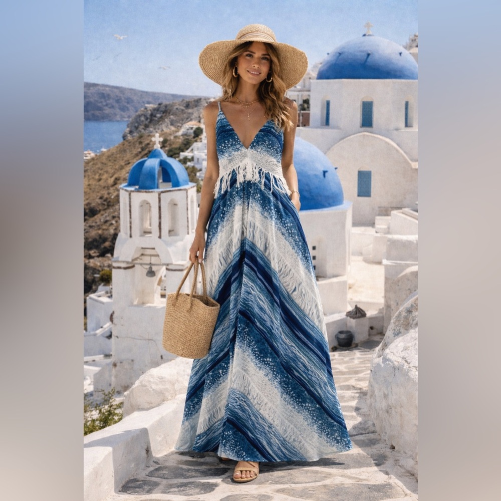 Lace The  Label Blue & White Maxi Dress Size S – Greece Vacation Vibes NWT